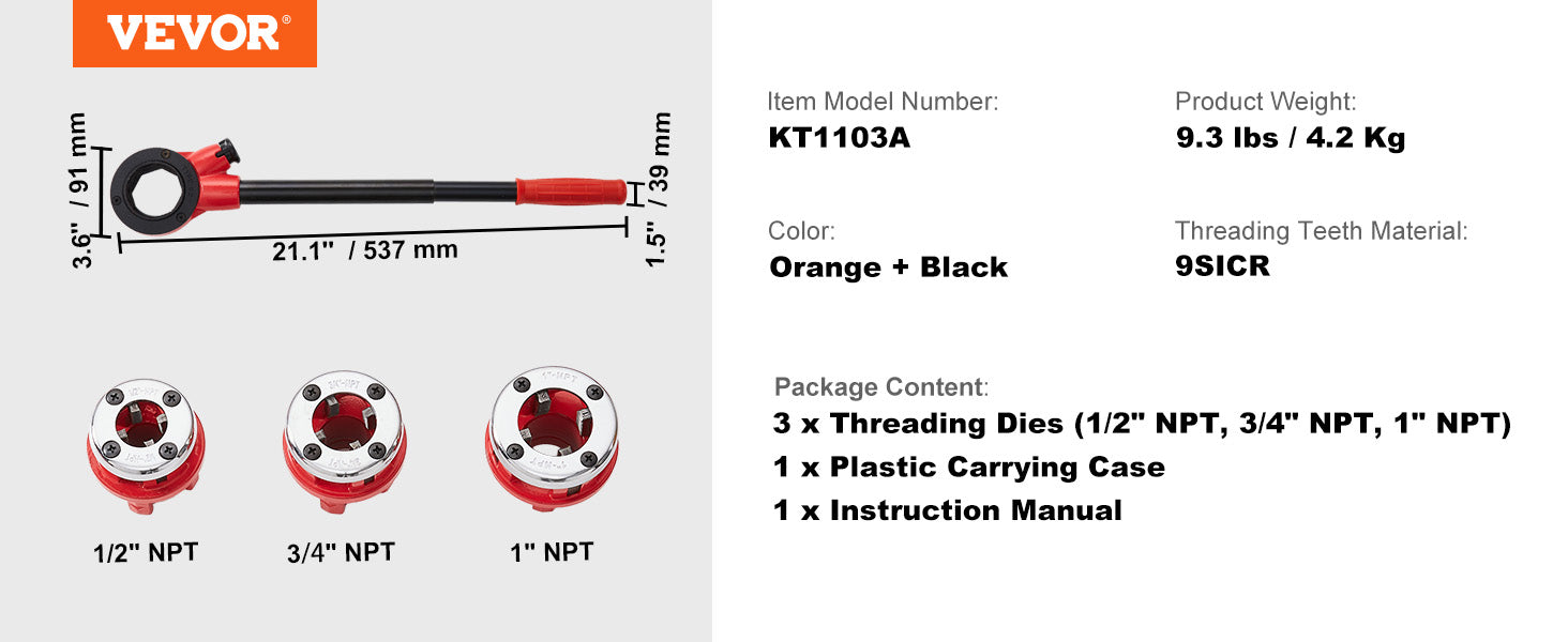Manual Ratcheting Pipe Threader Kit with 3 NPT Sizes 1/2-1 Inch