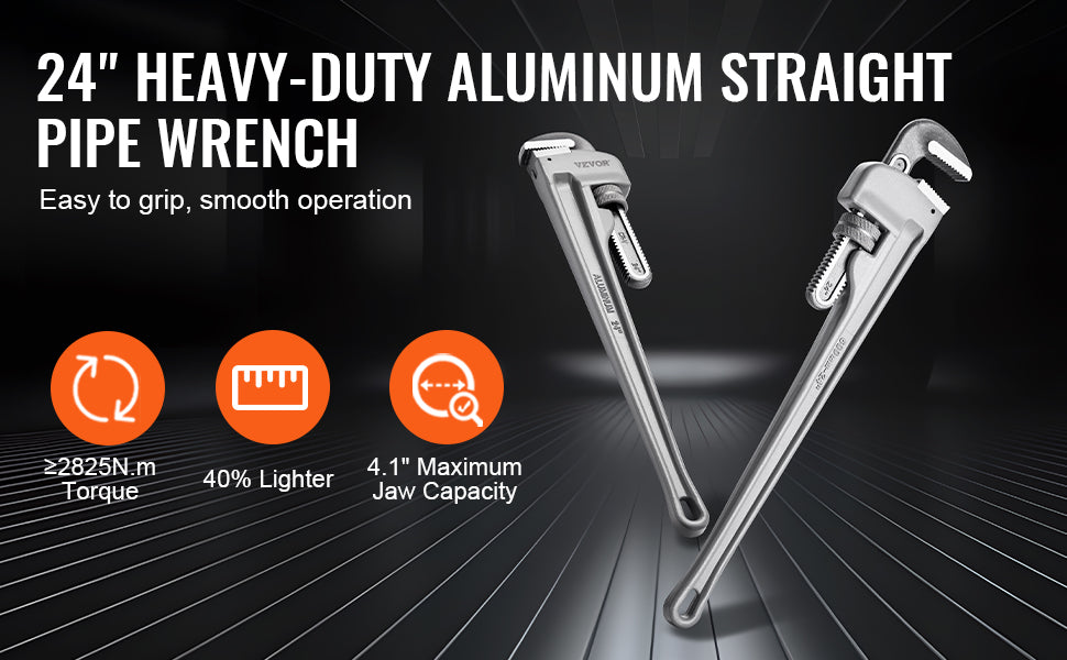 24" Aluminum Pipe Wrench Adjustable 4.1" Jaw Heavy-Duty Grip