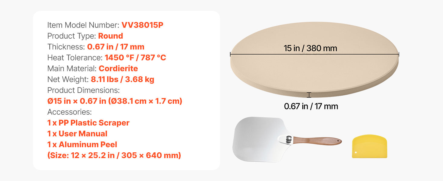 15-Inch Cordierite Pizza Stone with Peel & Scraper 1450°F