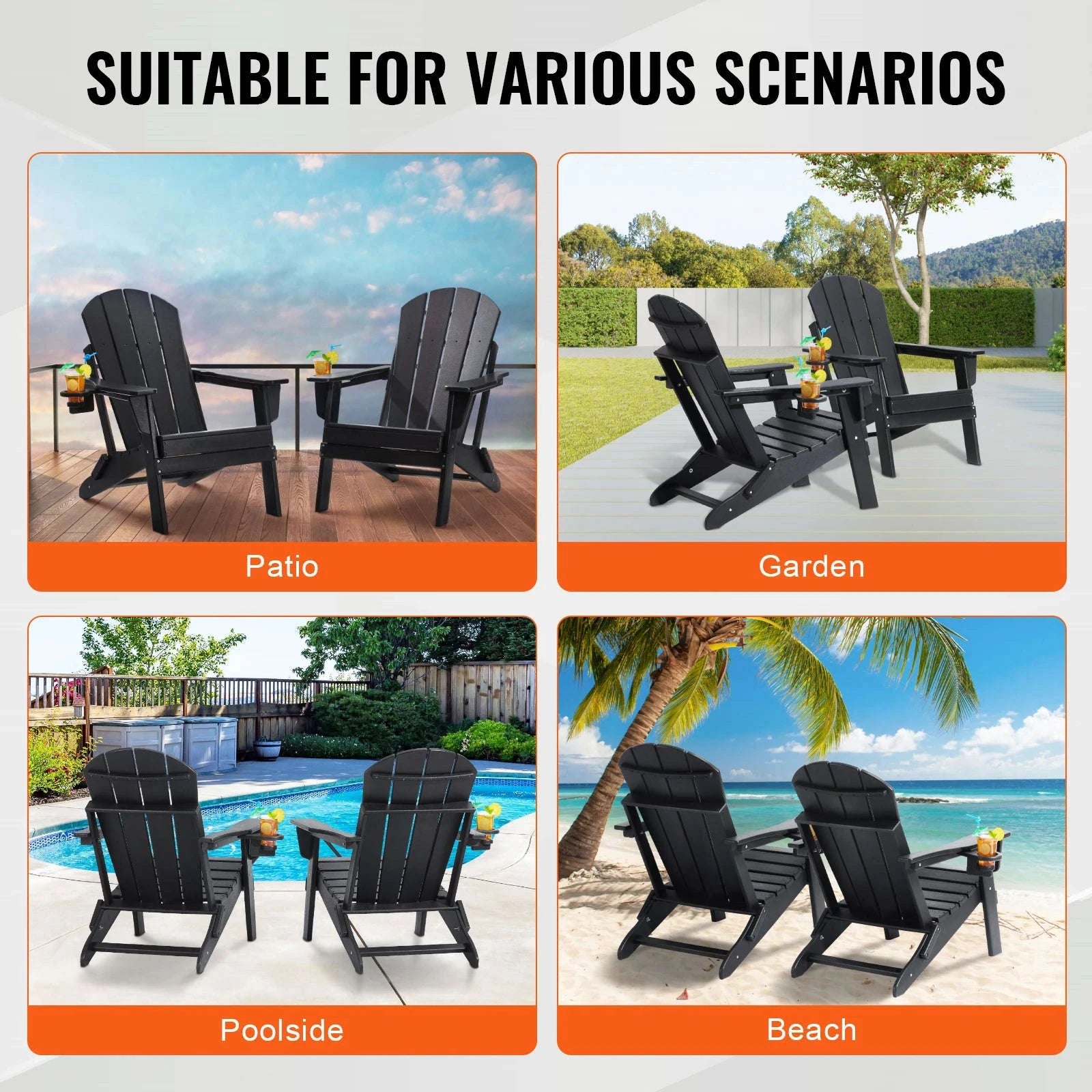 Plastic Adirondack Chair Set of 2 Foldable All-Weather with Cup Holder-Black / United States