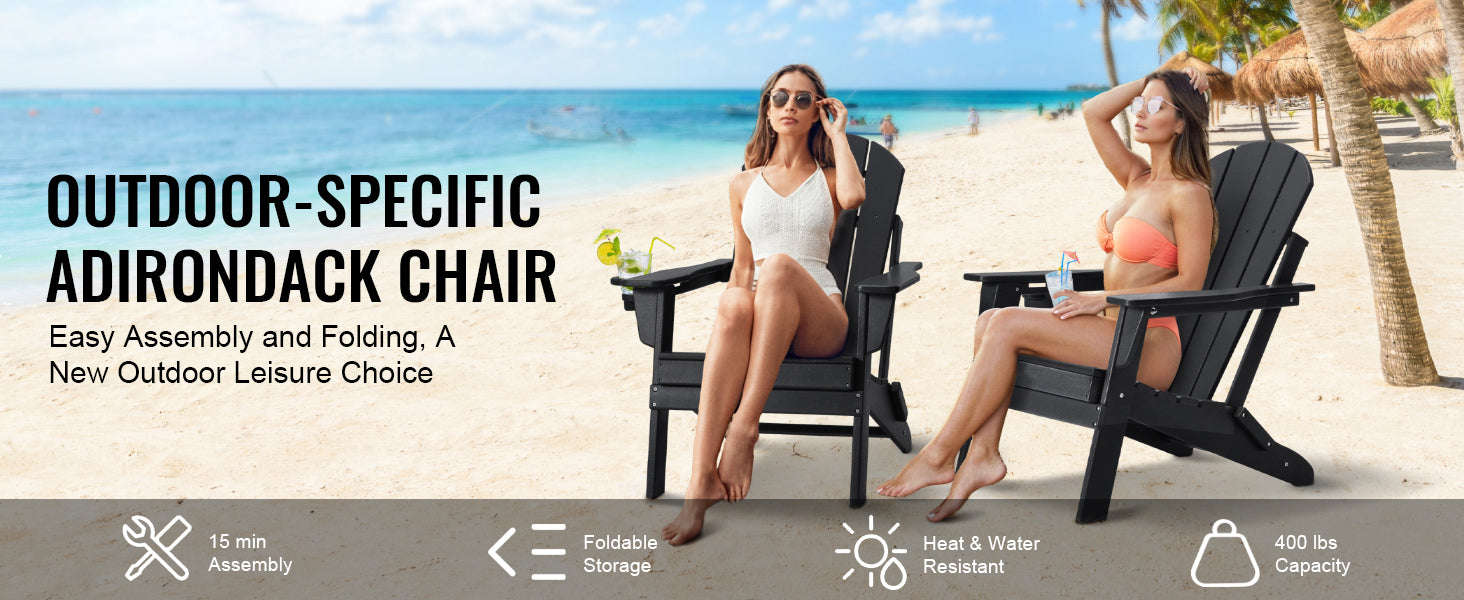 Plastic Adirondack Chair Set of 2 Foldable All-Weather with Cup Holder-Black / United States