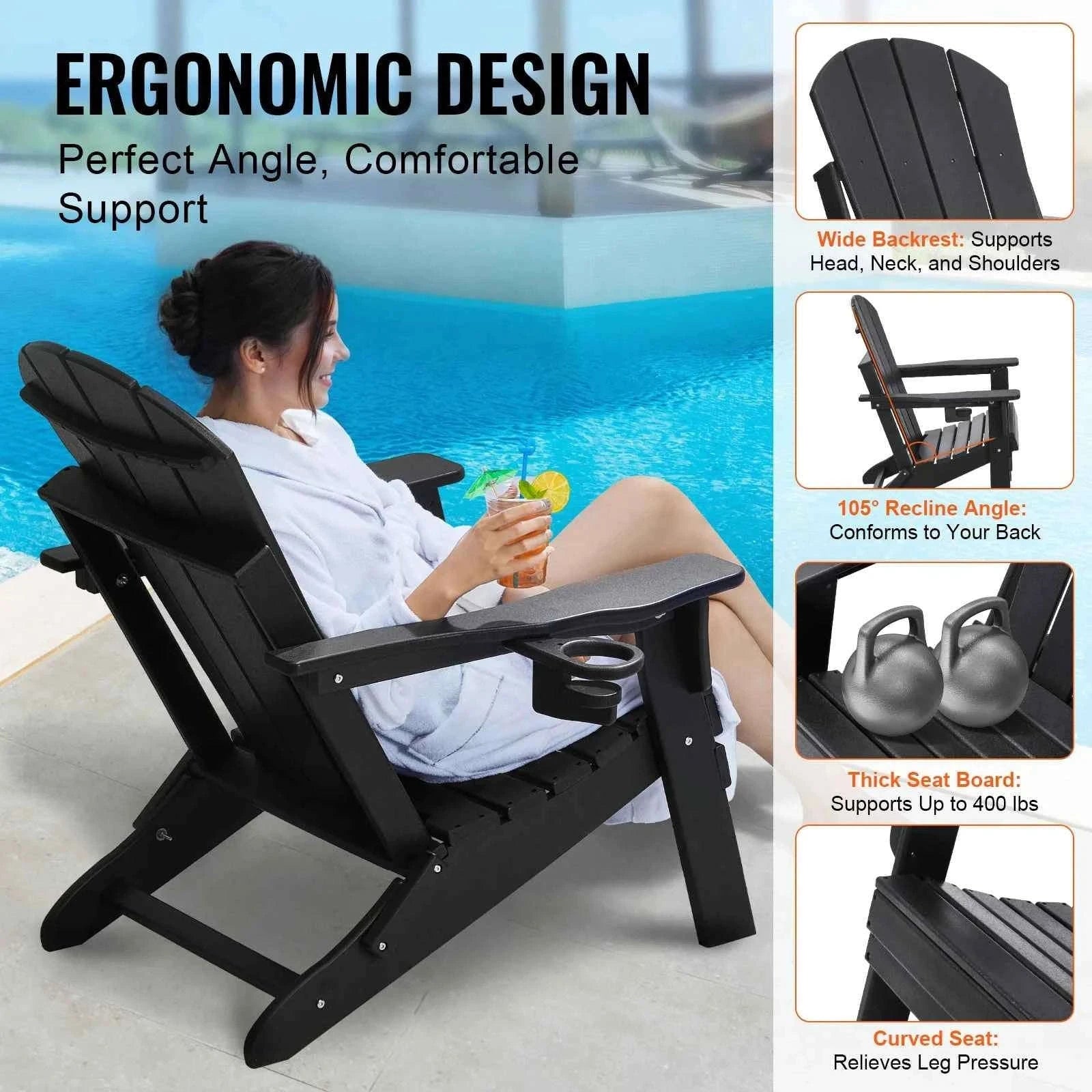Plastic Adirondack Chair Set of 2 Foldable All-Weather with Cup Holder-Black / United States