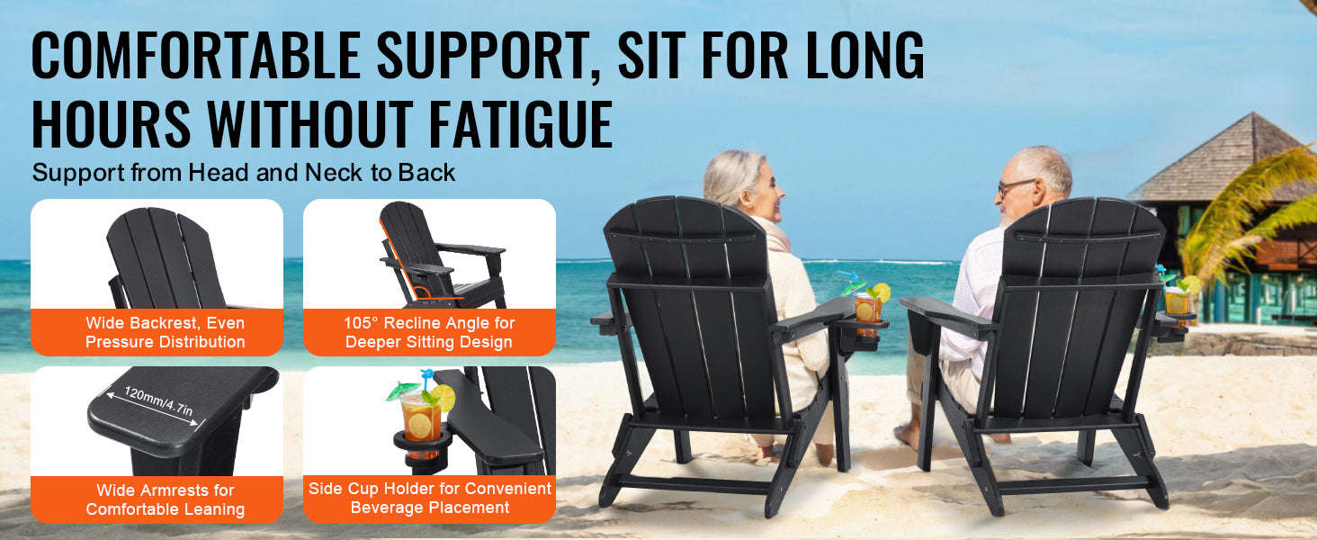 Plastic Adirondack Chair Set of 2 Foldable All-Weather with Cup Holder-Black / United States