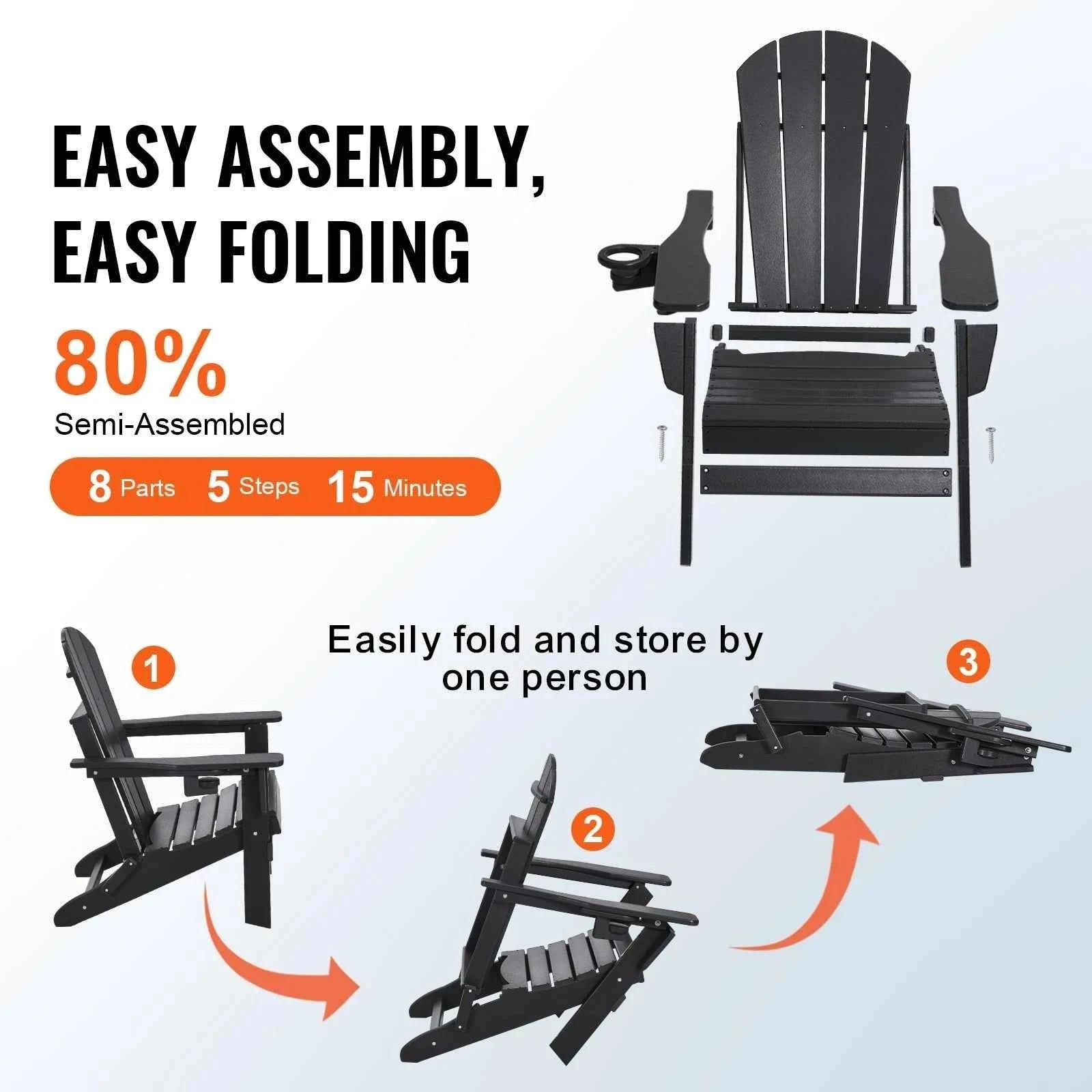 Plastic Adirondack Chair Set of 2 Foldable All-Weather with Cup Holder-Black / United States