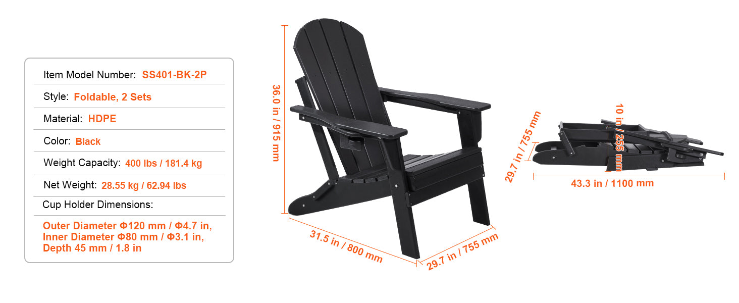Plastic Adirondack Chair Set of 2 Foldable All-Weather with Cup Holder