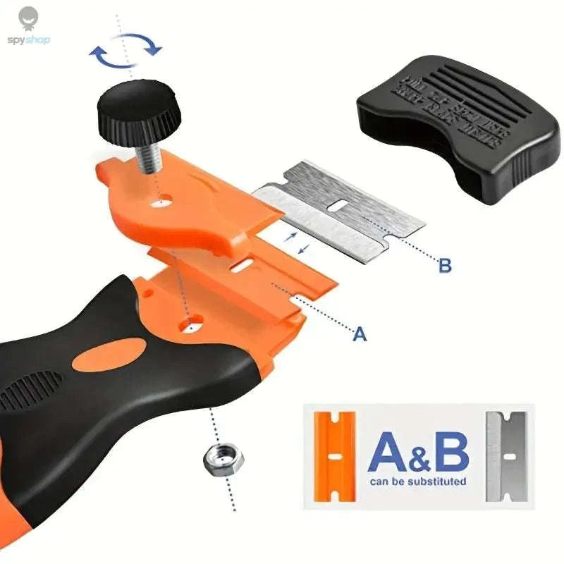 Plastic Metal Window Glass Scraper & Adhesive Remover-OrangeRed / 1knife 20 blade
