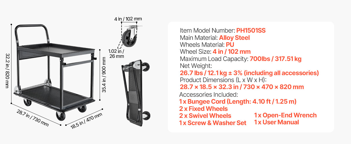 SucceBuy 700 lbs 2 Tier Foldable Heavy Push Cart Dolly Platform Hand Truck with Wheels Moving Flatbed Cart for Warehouse Garage