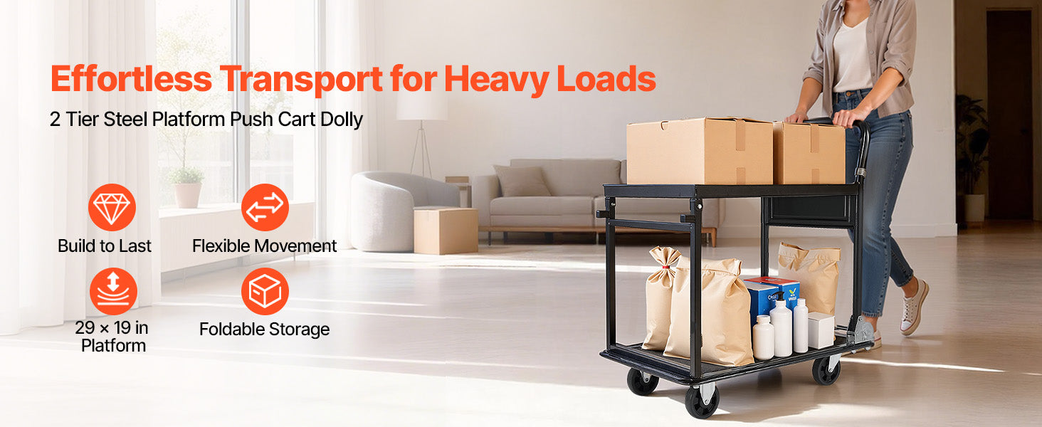 SucceBuy 700 lbs 2 Tier Foldable Heavy Push Cart Dolly Platform Hand Truck with Wheels Moving Flatbed Cart for Warehouse Garage