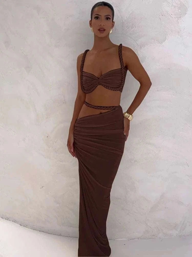 Pleated Crop Top and High Waist Maxi Skirt Two Piece Set-Coffee / M