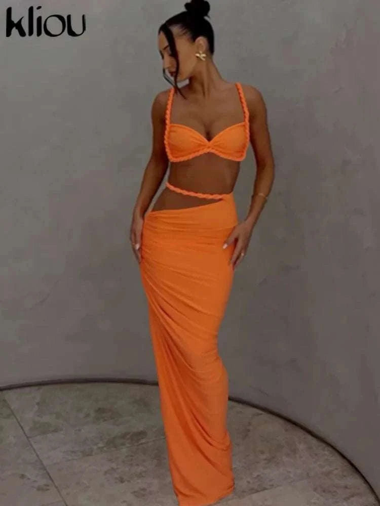 Pleated Crop Top and High Waist Maxi Skirt Two Piece Set-Coffee / M