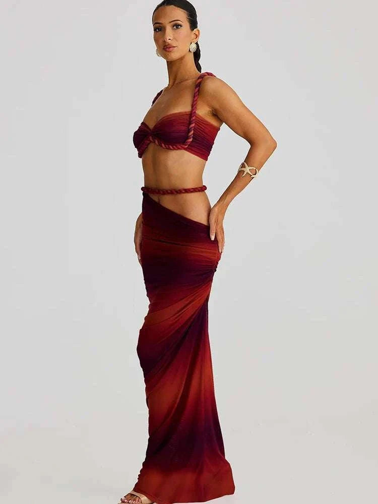 Pleated Crop Top and High Waist Maxi Skirt Two Piece Set-Coffee / M