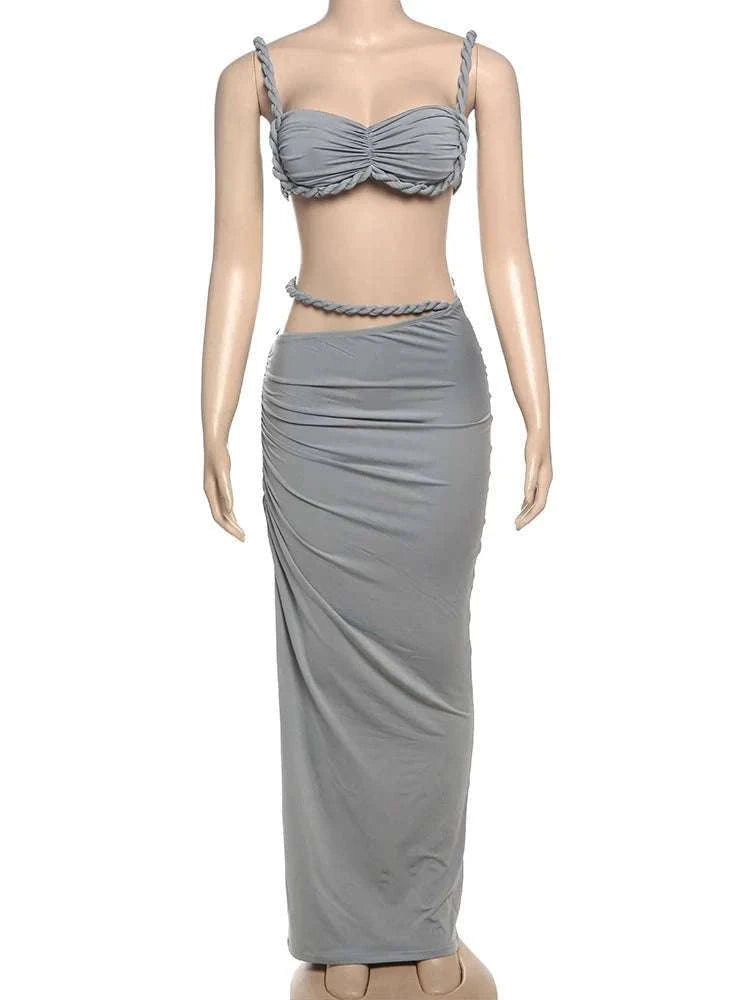 Pleated Crop Top and High Waist Maxi Skirt Two Piece Set-Coffee / M