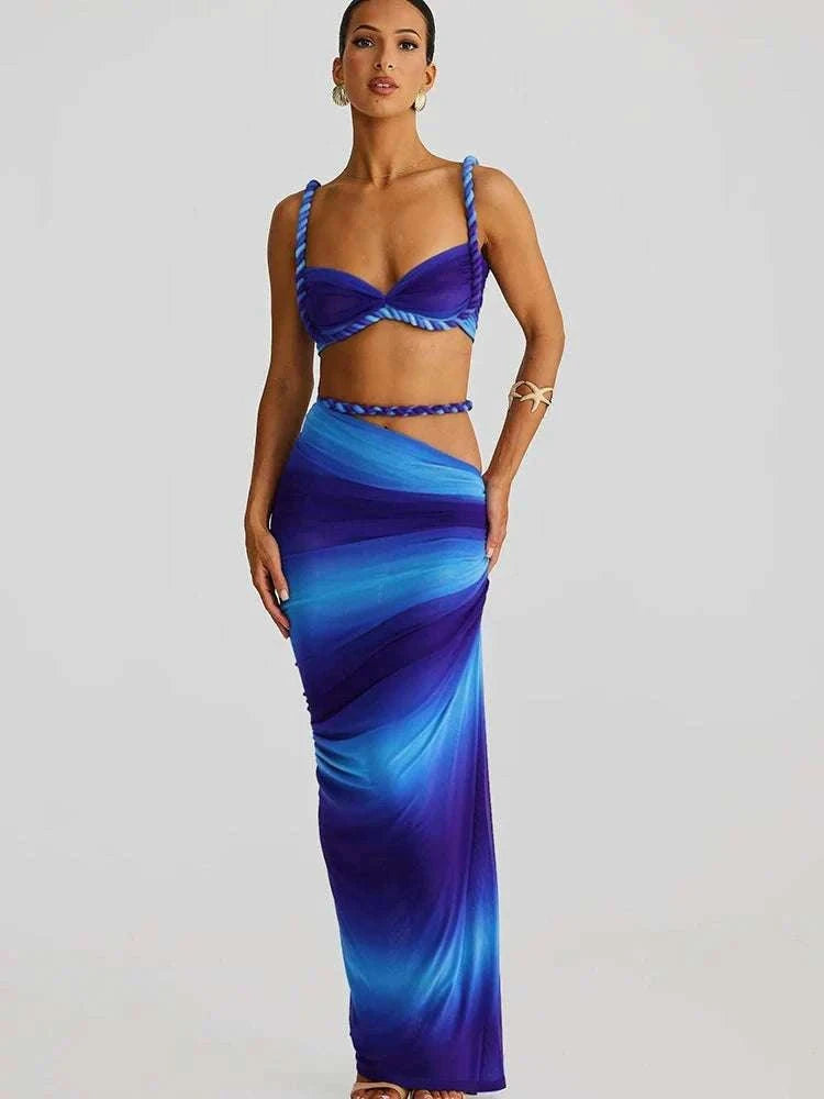 Pleated Crop Top and High Waist Maxi Skirt Two Piece Set-Coffee / M