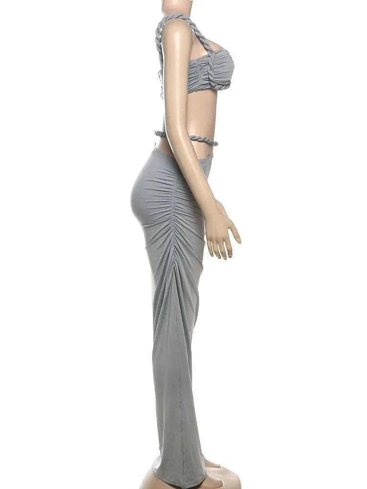 Pleated Crop Top and High Waist Maxi Skirt Two Piece Set-Coffee / M