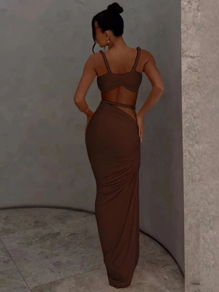 Pleated Crop Top and High Waist Maxi Skirt Two Piece Set-Coffee / M