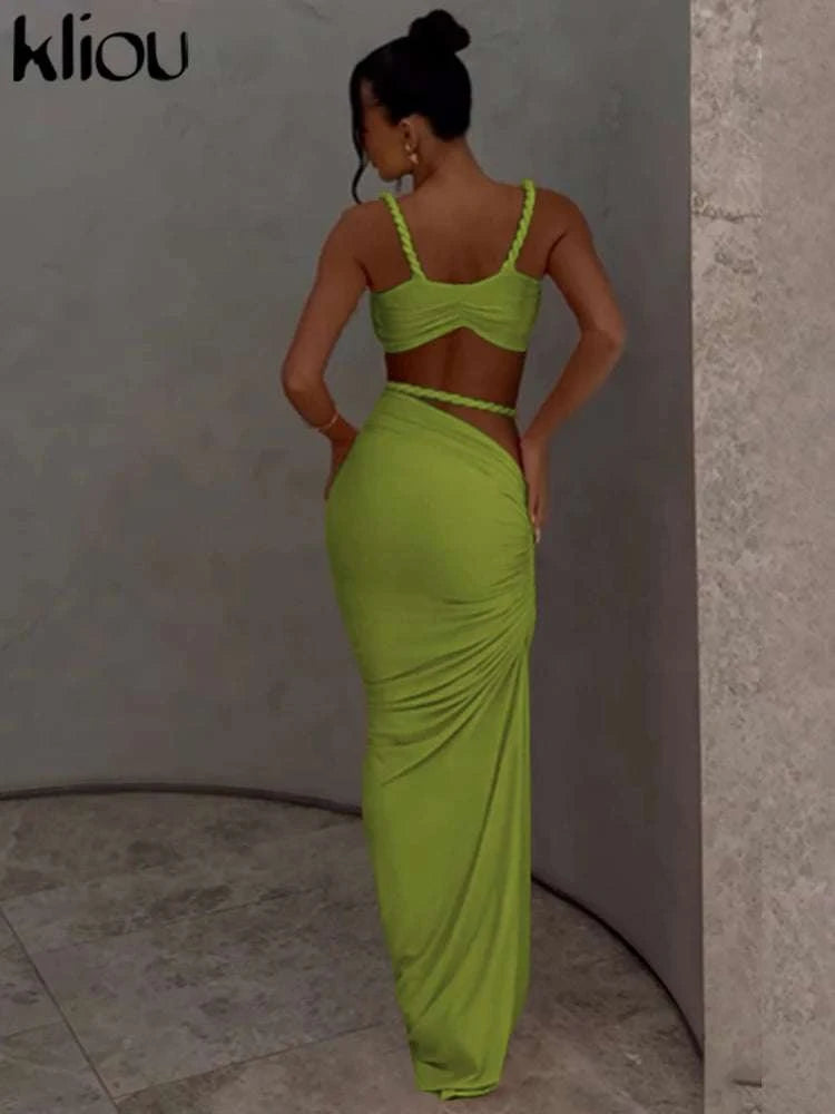 Pleated Crop Top and High Waist Maxi Skirt Two Piece Set-Coffee / M