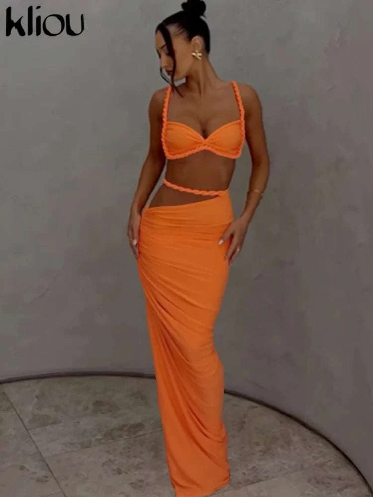 Pleated Crop Top and High Waist Maxi Skirt Two Piece Set-Coffee / M