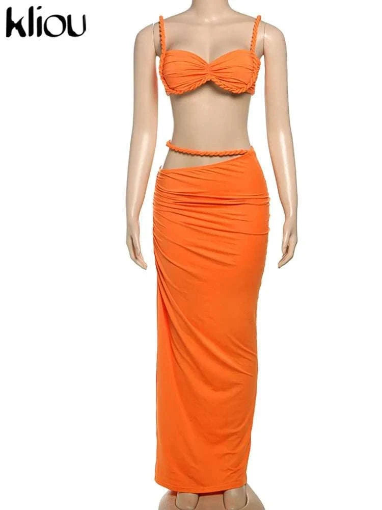 Pleated Crop Top and High Waist Maxi Skirt Two Piece Set-Coffee / M