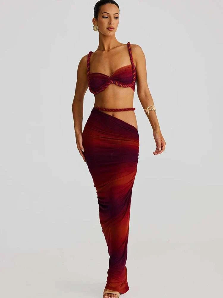 Pleated Crop Top and High Waist Maxi Skirt Two Piece Set-Coffee / M