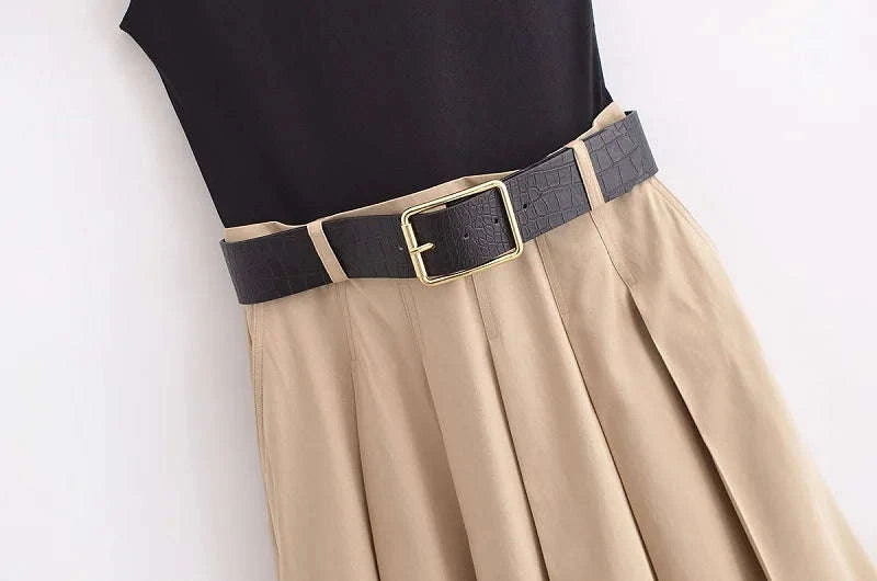 Pleated Midi Dress with Belt – Elegant Summer Sundress-Sleeveless Dress / M / CHINA