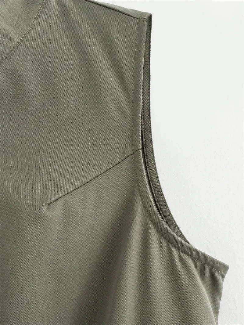 Pleated Zipper Midi Dress-Beige / L