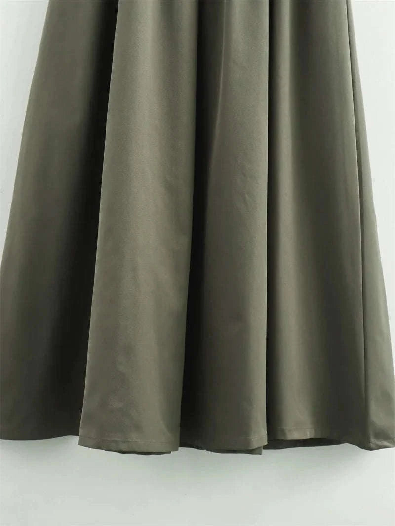 Pleated Zipper Midi Dress-Beige / L