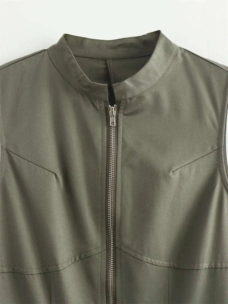 Pleated Zipper Midi Dress-Beige / L