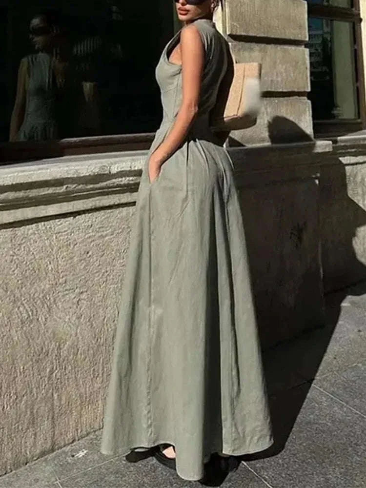 Pleated Zipper Midi Dress-Beige / L