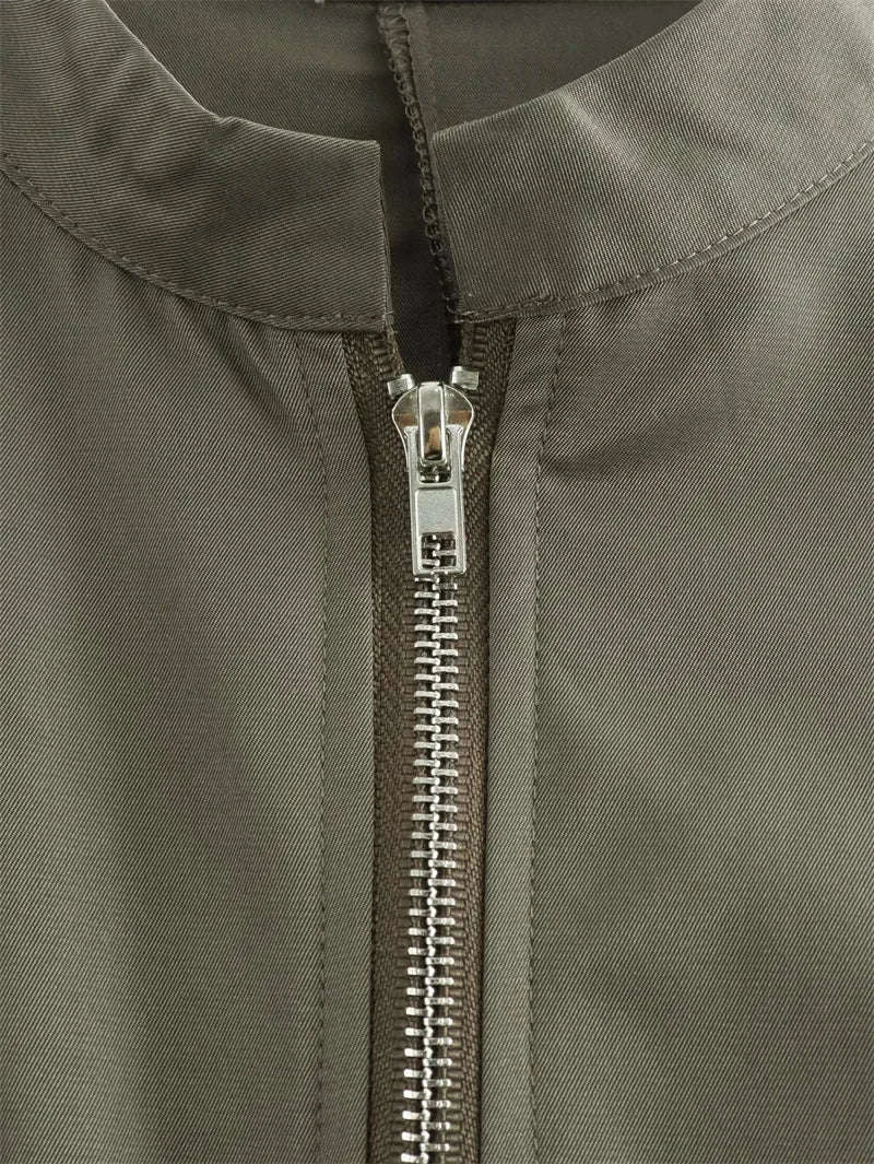 Pleated Zipper Midi Dress-Beige / L