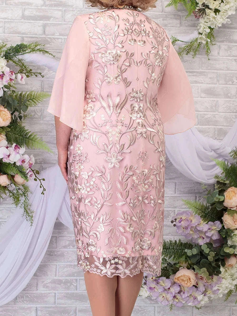 Plus Size Floral Embroidery Bodycon Dress for Wedding Guests & Parties-Pink / 3XL