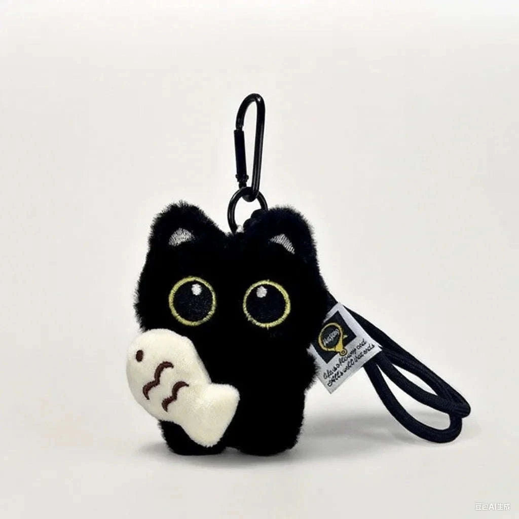 Plush Black Cat Keychain Doll Charm-WHITE