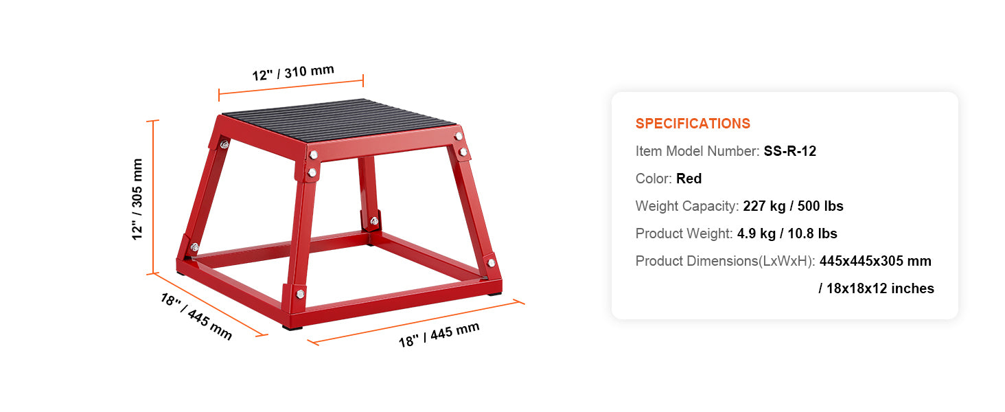 Caixa de salto plyométrica metálica SucceBuy 12/18 polegadas, antiderrapante, degrau para prática em casa, treino de agilidade e força, Crimson