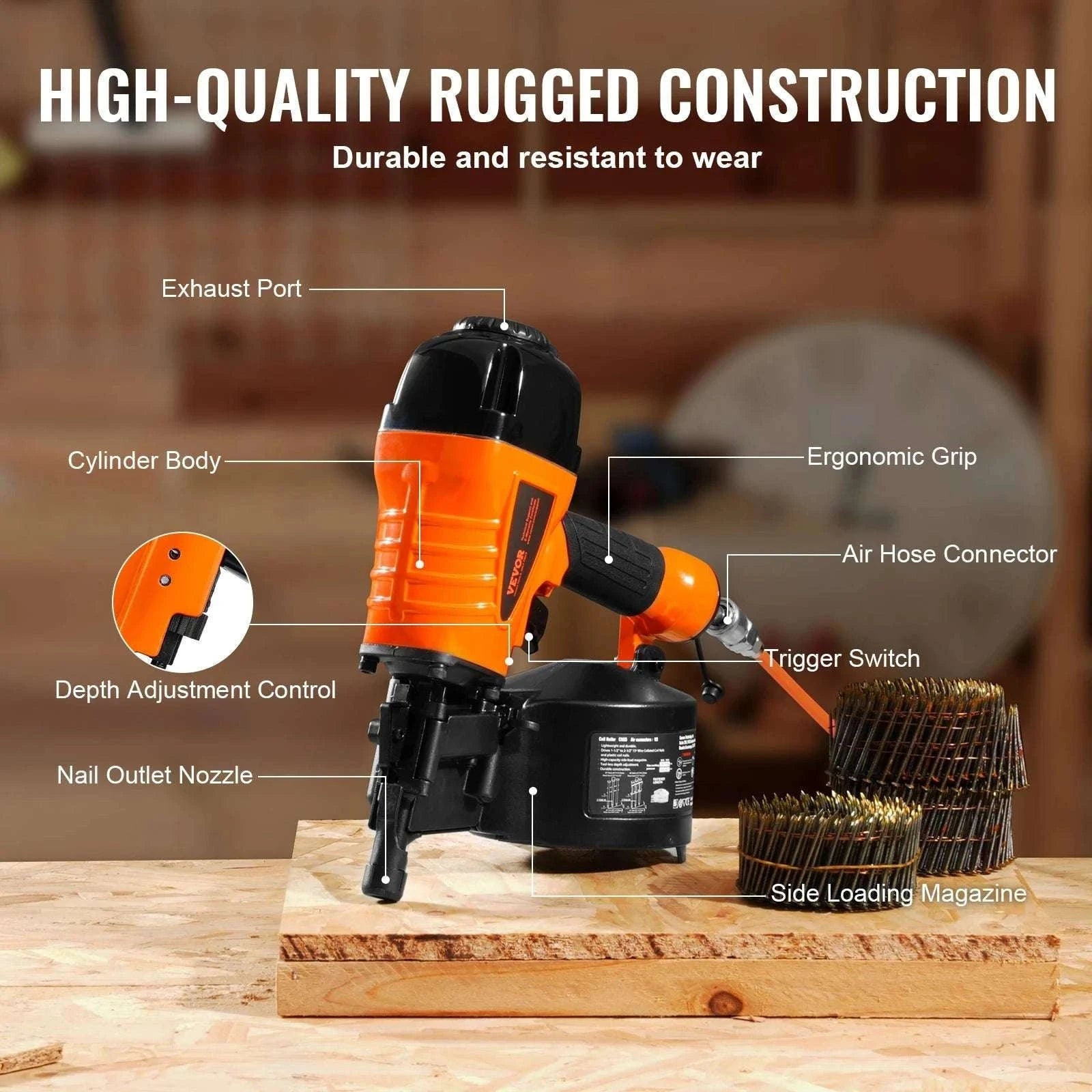 Pneumatic Coil Siding Nailer 70–120 PSI High-Capacity Nail Gun-