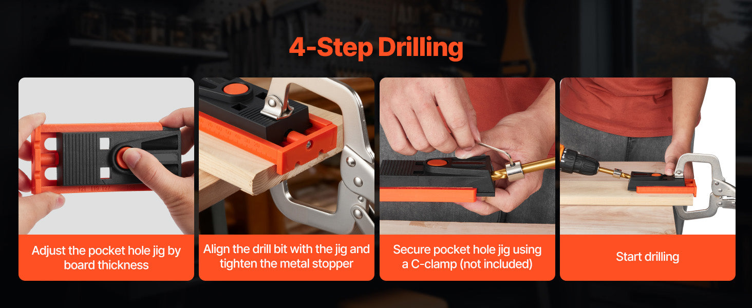 Adjustable Pocket Hole Jig Kit 1/2–1-1/2 in for Woodworking