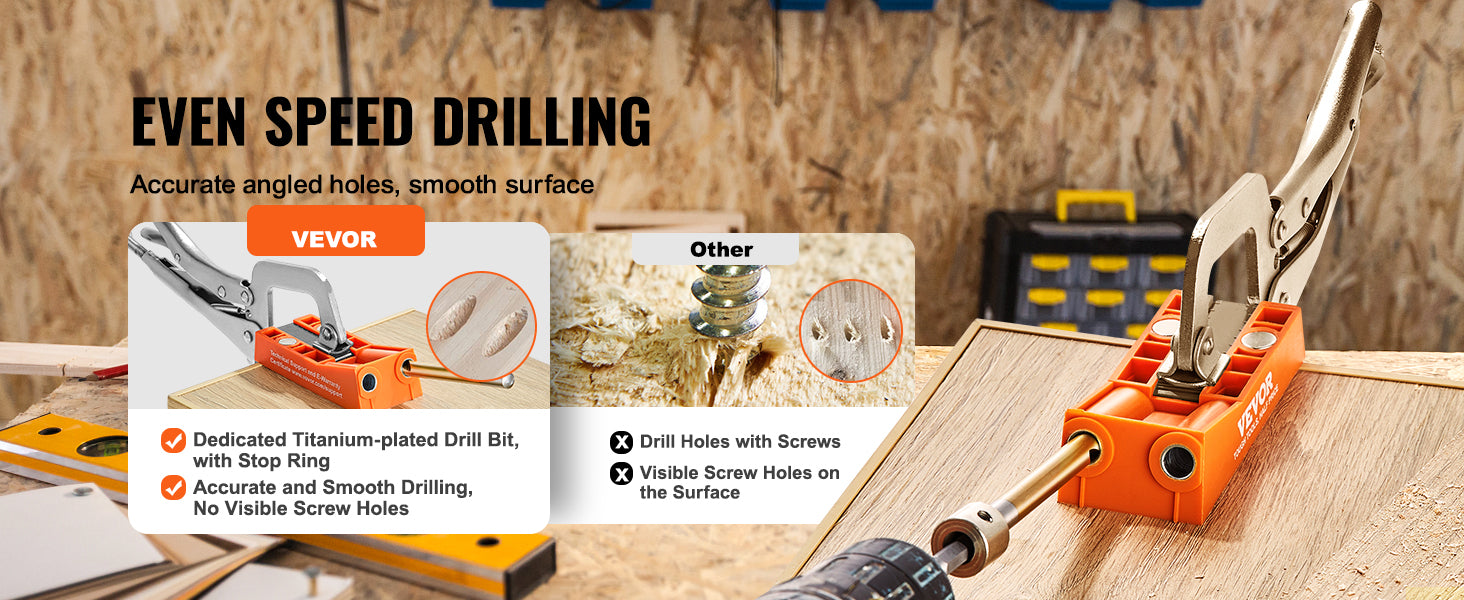 SucceBuy 56 Teile Pocket Hole Jig Mini-Jig Pocket Hole System mit 9" C-Klemmenspannzange, Step-Drill, Schraubenschutzring, Quadrat-Antrieb-Bit