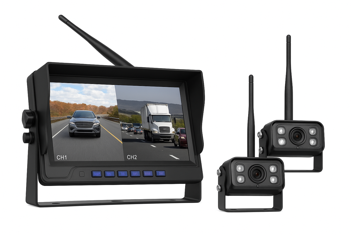 Podofo monitor de coche IPS de 9 pulgadas con 2 cámaras traseras inalámbricas IP68 impermeable visión nocturna infrarroja cámara de reversa para RV