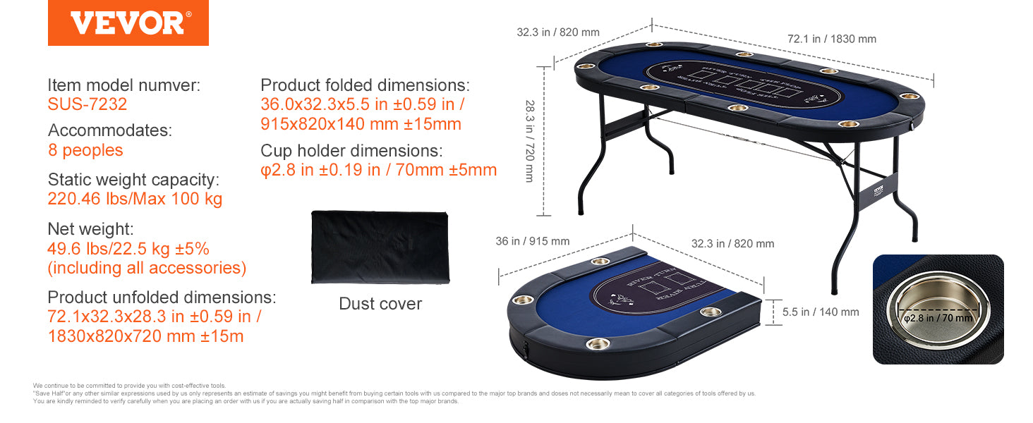 8 Player Foldable Poker Table with Cup Holders & Padded Rails