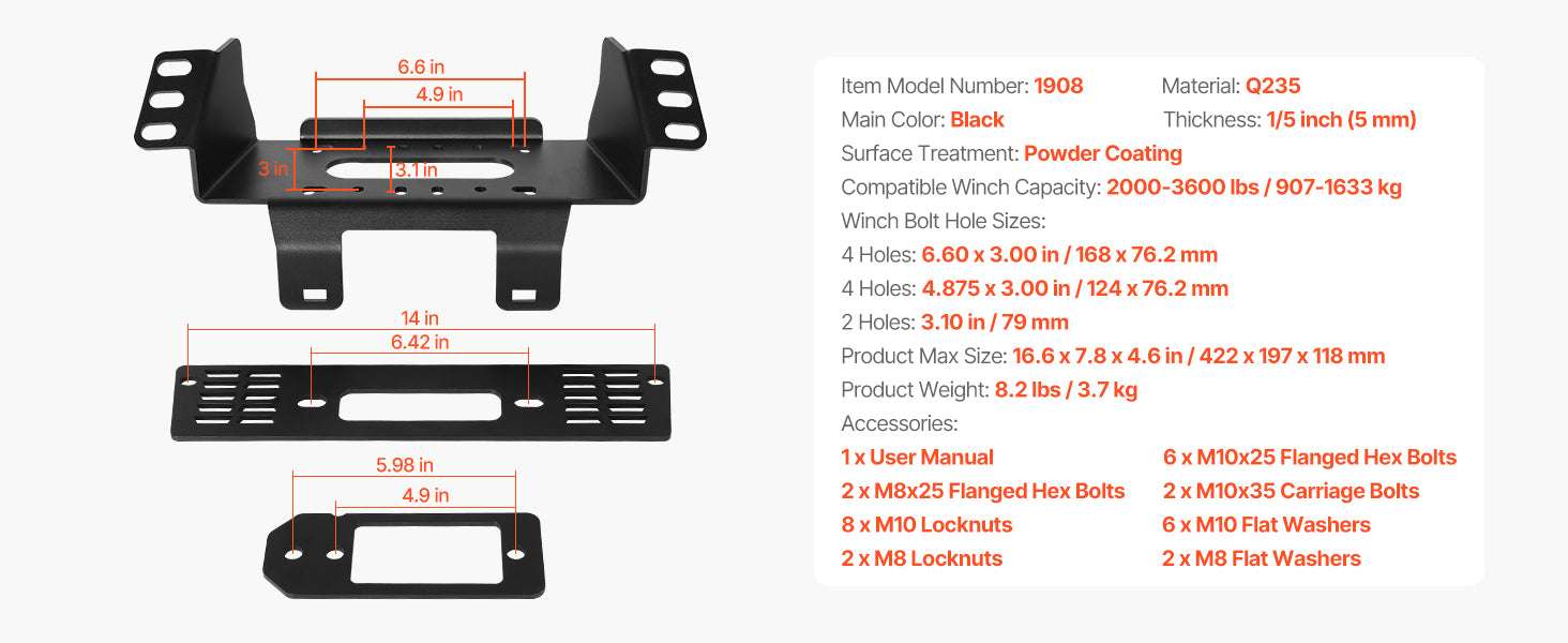 Polaris Ranger Winch Hitch Mount 2000–3600 lbs Fit 2010–2021-Polaris Ranger / United States