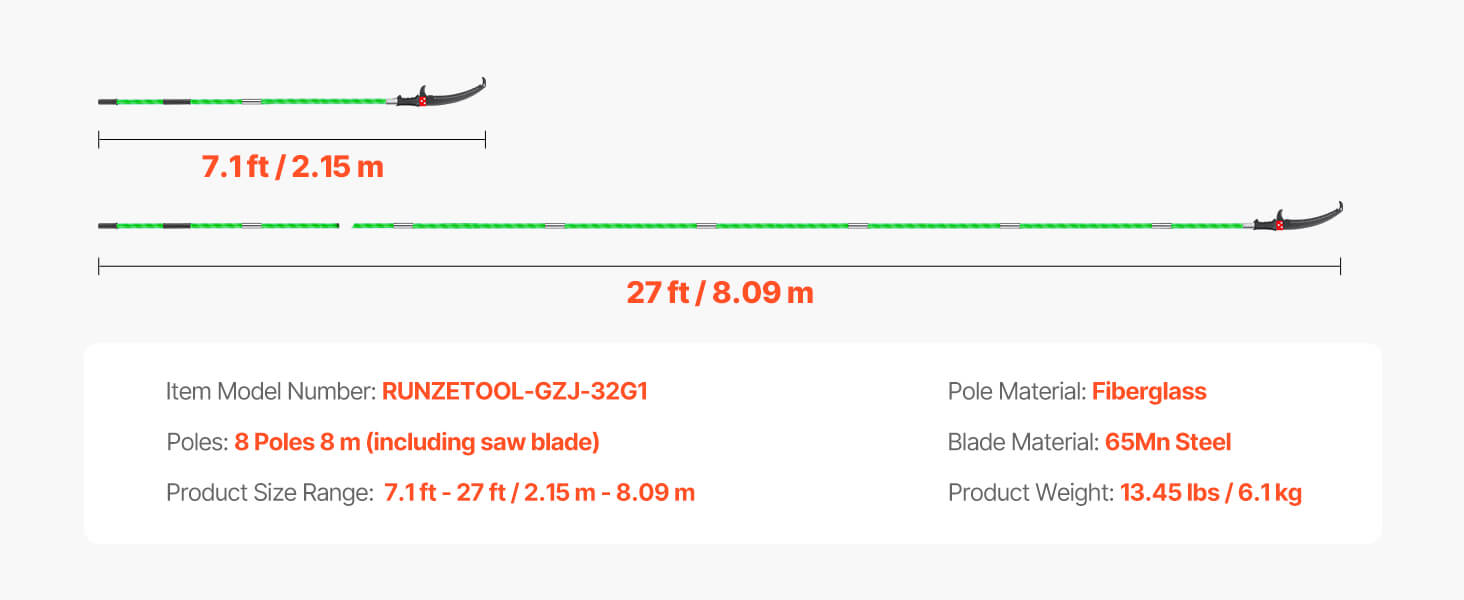 SucceBuy manuálny pílka na stĺp Pole Saw 3,87–27 ft Rozšíriteľná vetvička Pruner ostrý 65Mn oceľový list Sklenená sklenená násada na tyč pre strihanie vysokých konárov