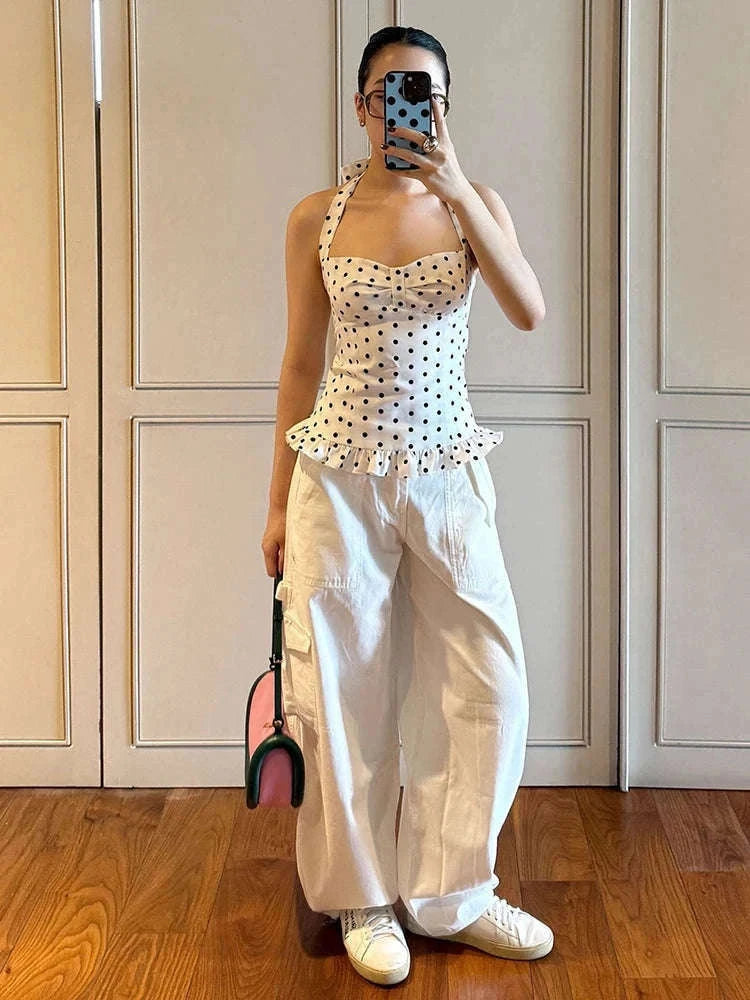 Polka Dot Backless Halter Top with Ruffle Trim and Stretch Fit-WHITE / M