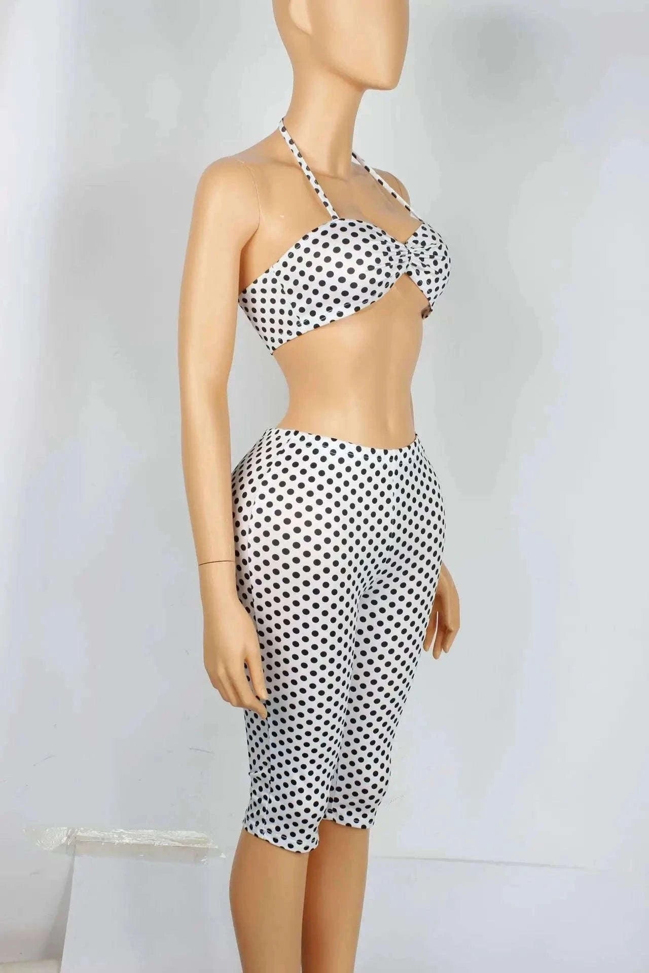 Polka Dot Halter Tank and Biker Shorts Matching Set for Women-WHITE / L