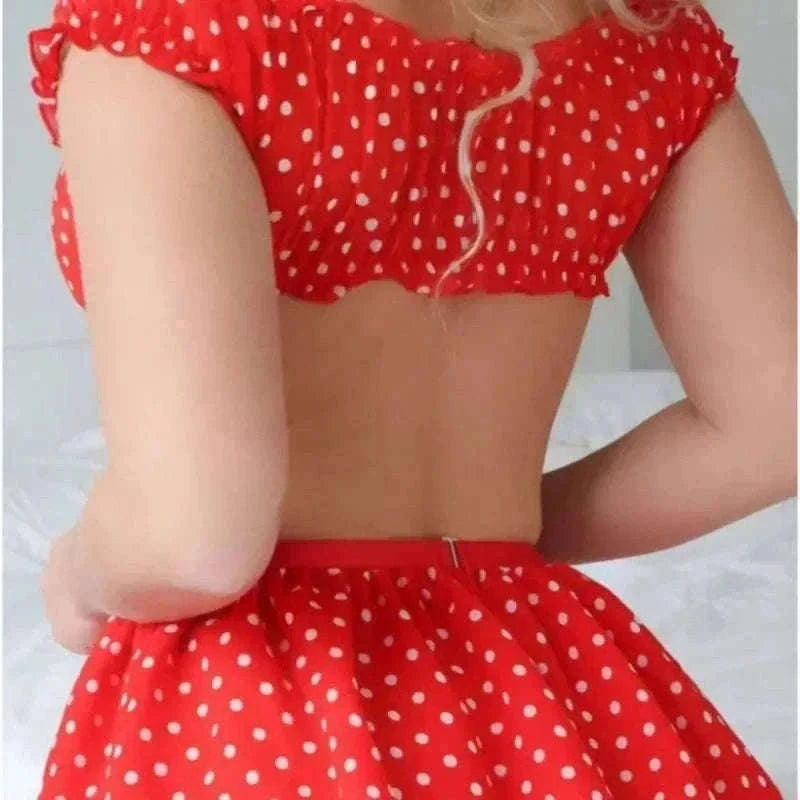 Polka Dot Lingerie Set with Garter Straps & Puffy Mini Skirt-red / M