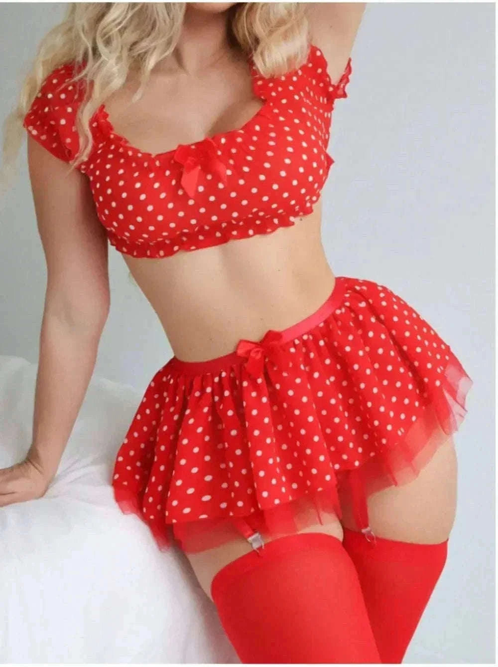 Polka Dot Lingerie Set with Garter Straps & Puffy Mini Skirt-red / M