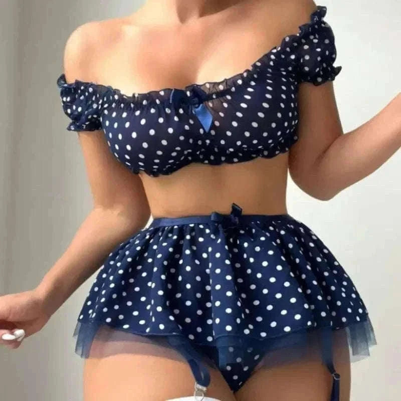 Polka Dot Lingerie Set with Garter Straps & Puffy Mini Skirt-red / M
