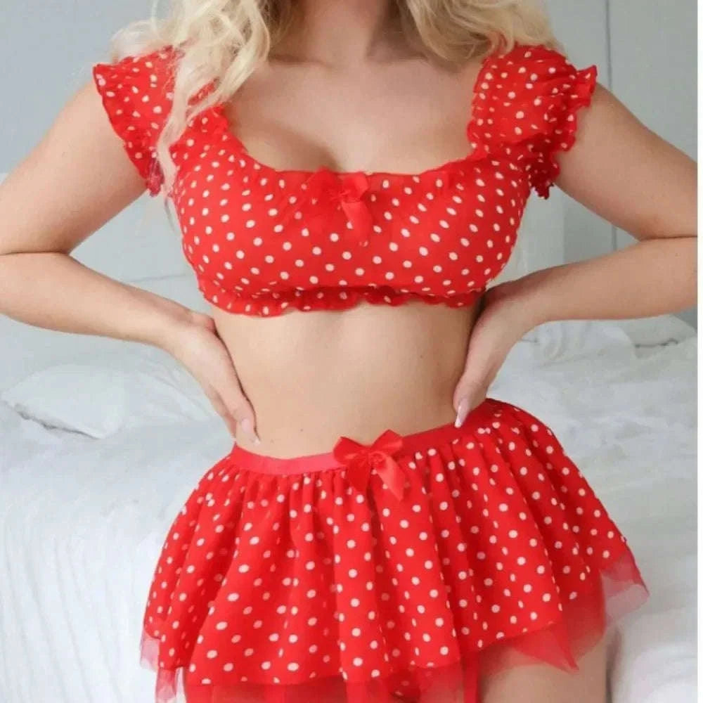 Polka Dot Lingerie Set with Garter Straps & Puffy Mini Skirt-red / M