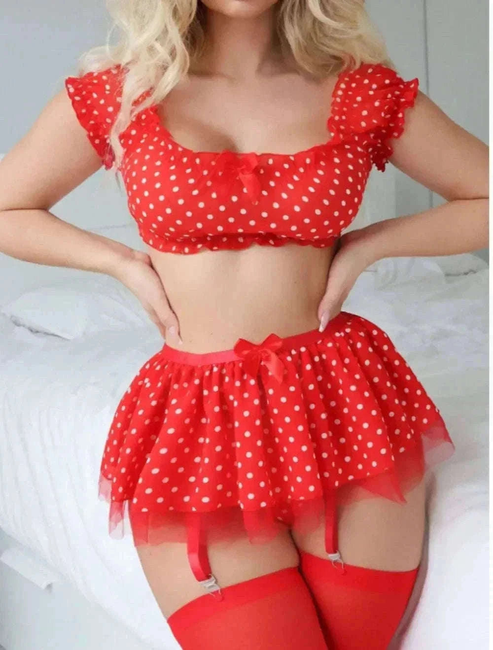 Polka Dot Lingerie Set with Garter Straps & Puffy Mini Skirt-red / M