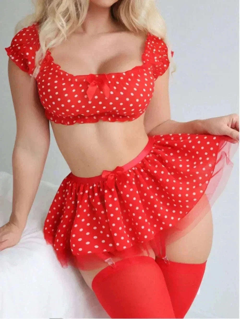 Polka Dot Lingerie Set with Garter Straps & Puffy Mini Skirt-red / M