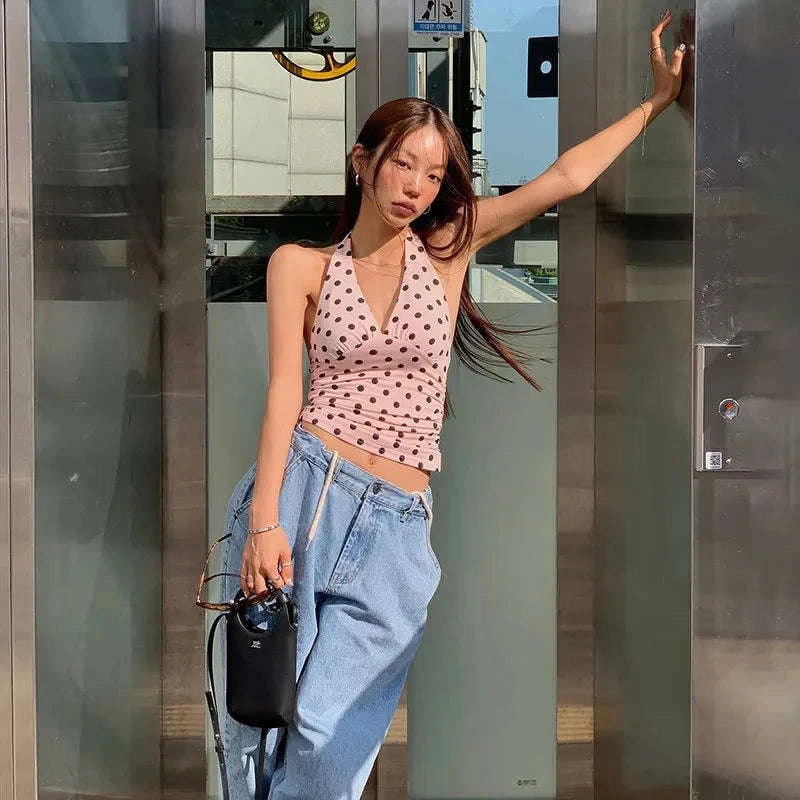 Polka Dot Off-Shoulder Ruched Tank Top Backless Summer Party Style-Beige / M