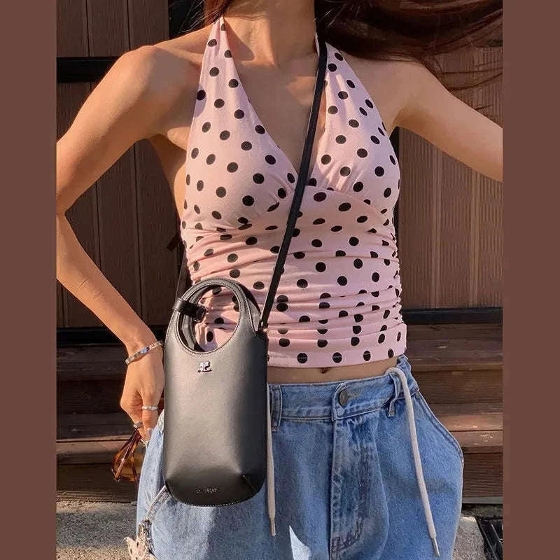 Polka Dot Off-Shoulder Ruched Tank Top Backless Summer Party Style-Beige / M