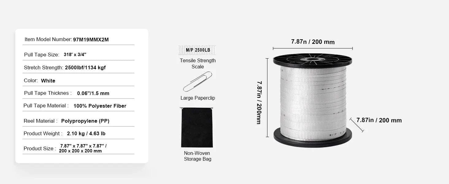 Polyester Pull Tape Flat Rope for Cable Pulling and Conduit Work-97mx19mm / UNITED KINGDOM